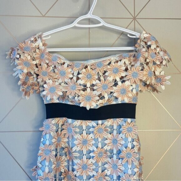 Self-Portrait 3D Floral Guipure Lace Off-Shoulder Midi Dress Pink Blue - Picture 5 of 11